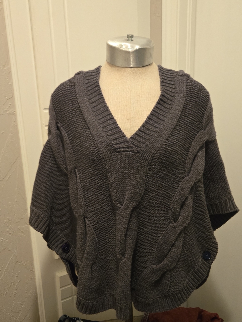 Aqua Charcoal Gray Cable Knit V-Neck Sweater Poncho